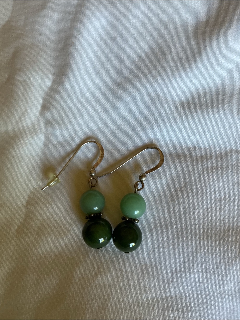 Nephrite Jade Drop earrings w/ Silver Tone Bead - Picture 2 of 2